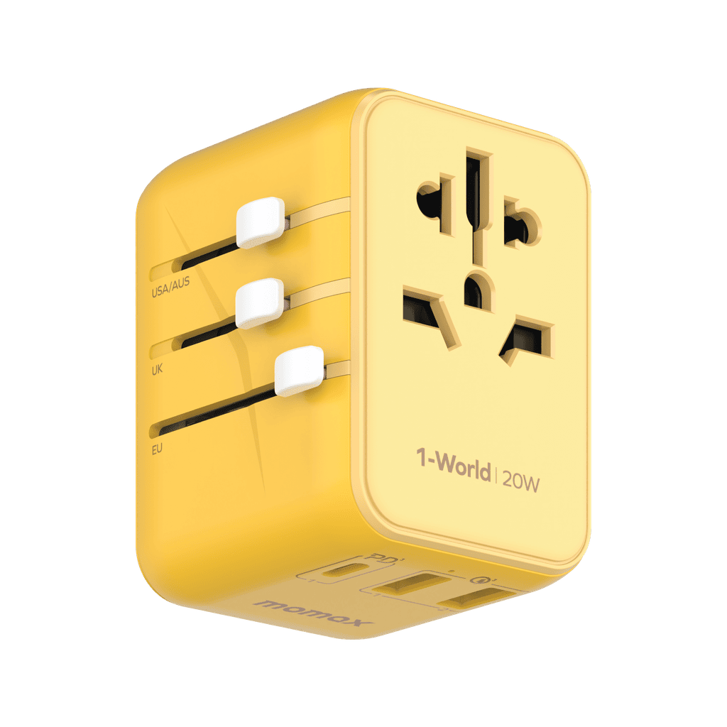 Yellow international travel adapter with multiple sockets on a transparent background