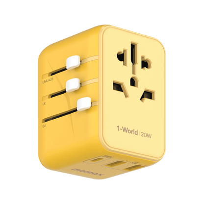 Yellow international travel adapter with multiple sockets on a transparent background