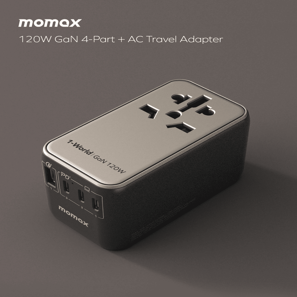 Momax 120W GaN 4-Part + AC Travel Adapter on a dark background