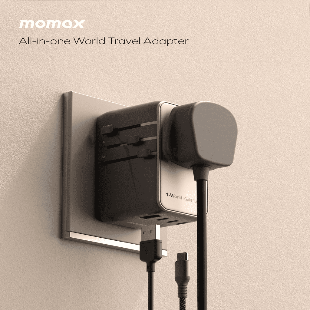 Momax all-in-one world travel adapter on a beige background