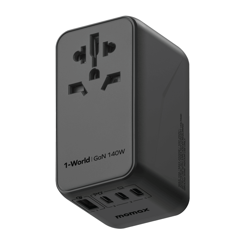 Black power adapter with multiple ports on a transparent background