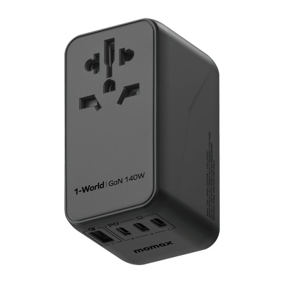 Black power adapter with multiple ports on a transparent background