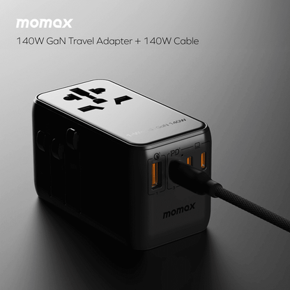 Momax 140W GaN travel adapter with cable on a dark background