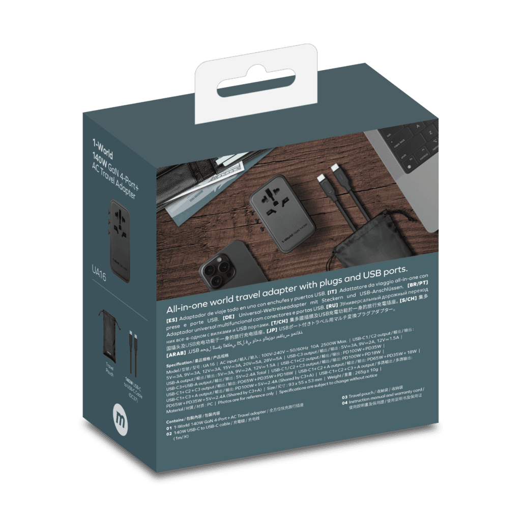 Packaging of an all-in-one world travel adapter with plugs and USB ports on a clear background.