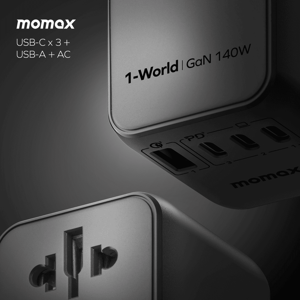 Momax power adapter with multiple ports on a dark background