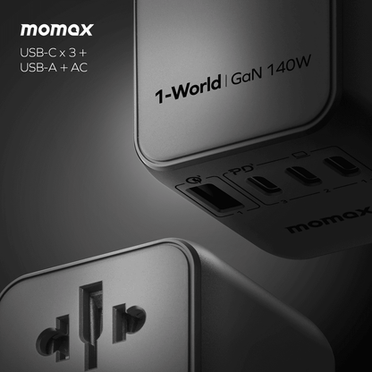 Momax power adapter with multiple ports on a dark background