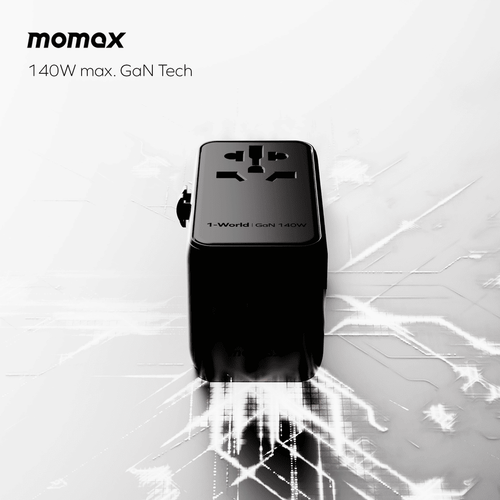 Black power adapter with 'momax' branding on a white background