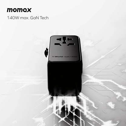 Black power adapter with 'momax' branding on a white background