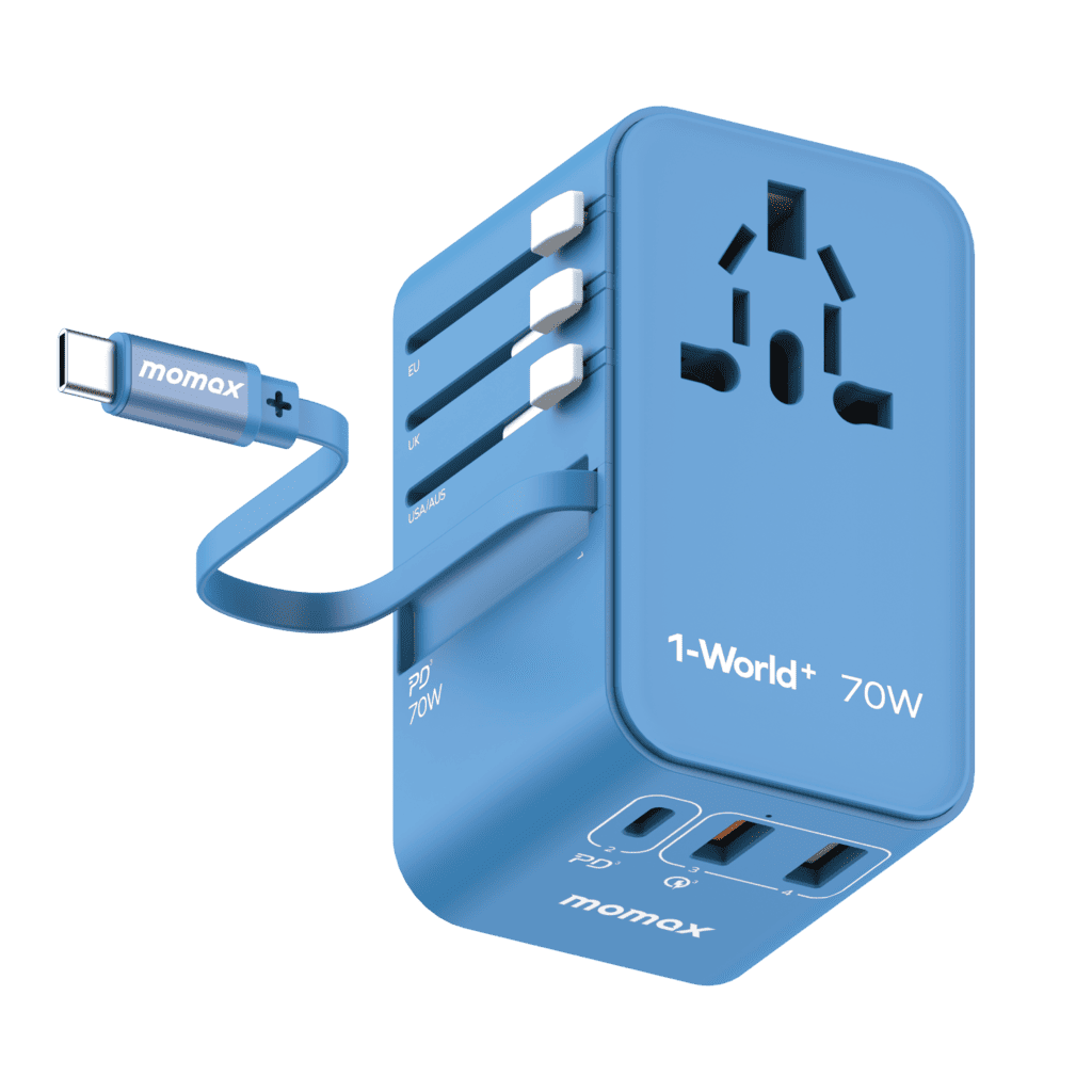 Blue travel adapter with USB-C cable on a green background