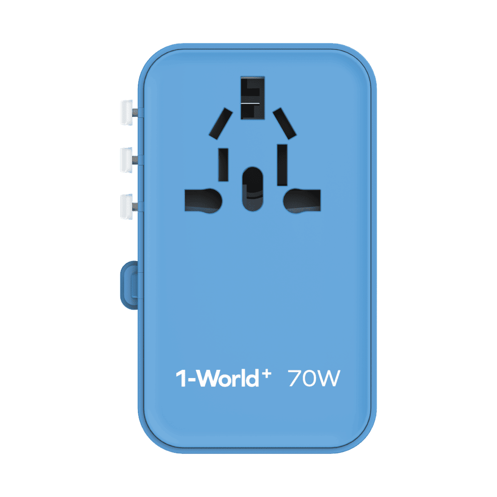 Blue travel adapter with multiple plug sockets on a transparent background
