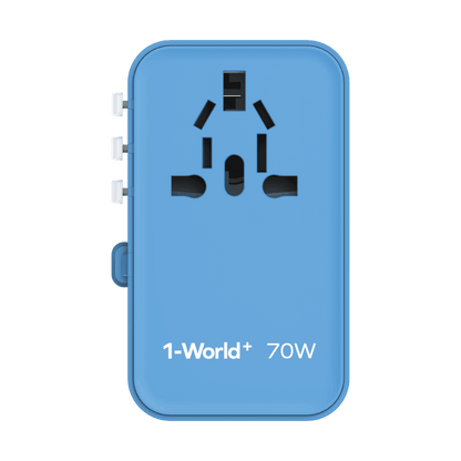 Blue travel adapter with multiple plug sockets on a transparent background