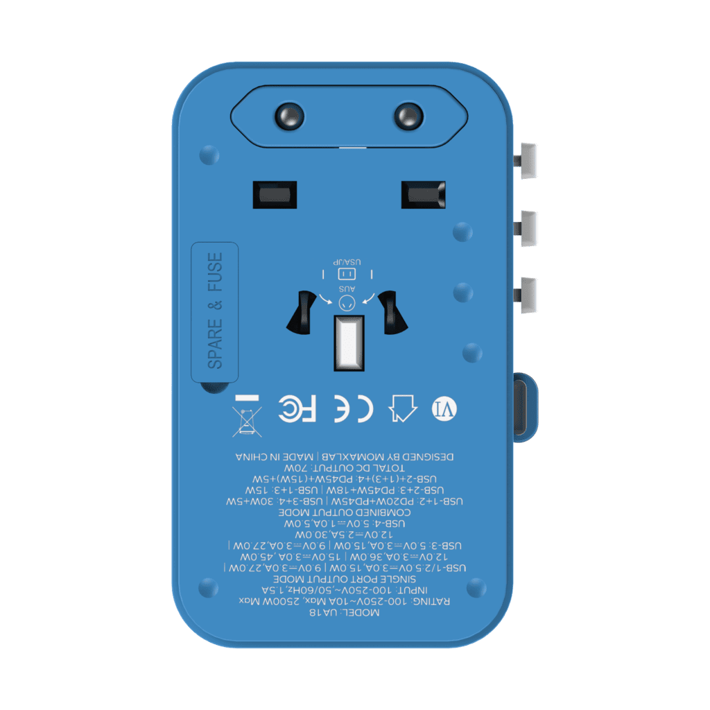 Blue electronic device with multiple ports and labels on a white background