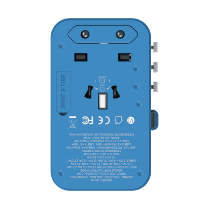 Blue electronic device with multiple ports and labels on a white background
