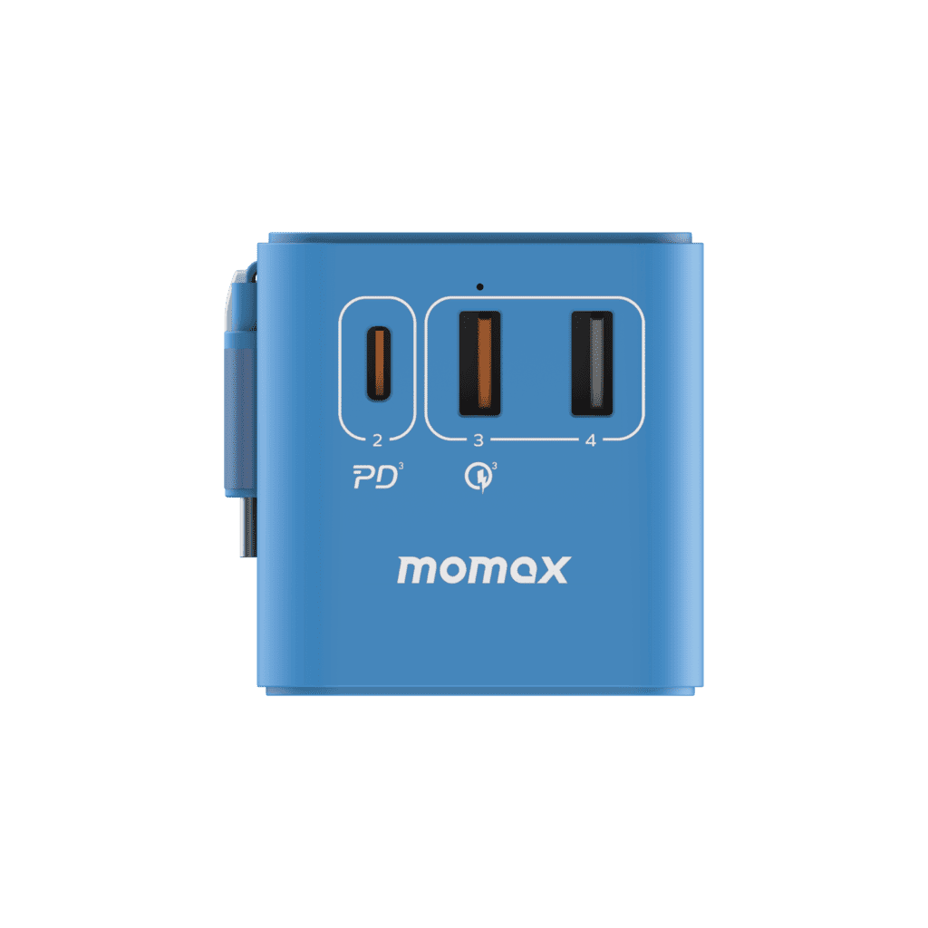 Blue power adapter with multiple ports on a green background