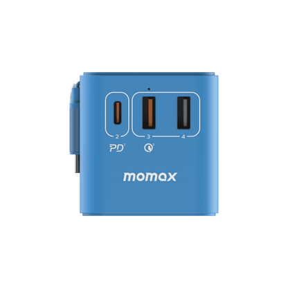 Blue power adapter with multiple ports on a green background