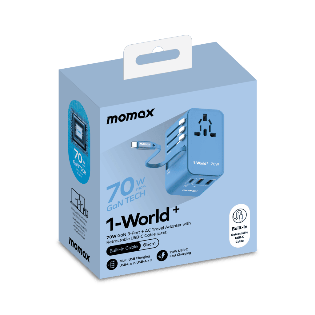 Momox 1-World+ travel adapter packaging on a green background