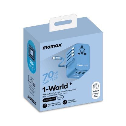 Momox 1-World+ travel adapter packaging on a green background