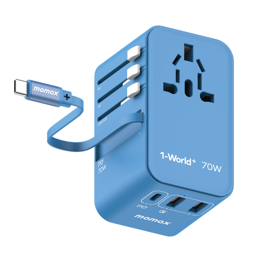 1-World 70w Gan 3 Port with Built-In USB-C Cable AC Travel Adaptor - Blue