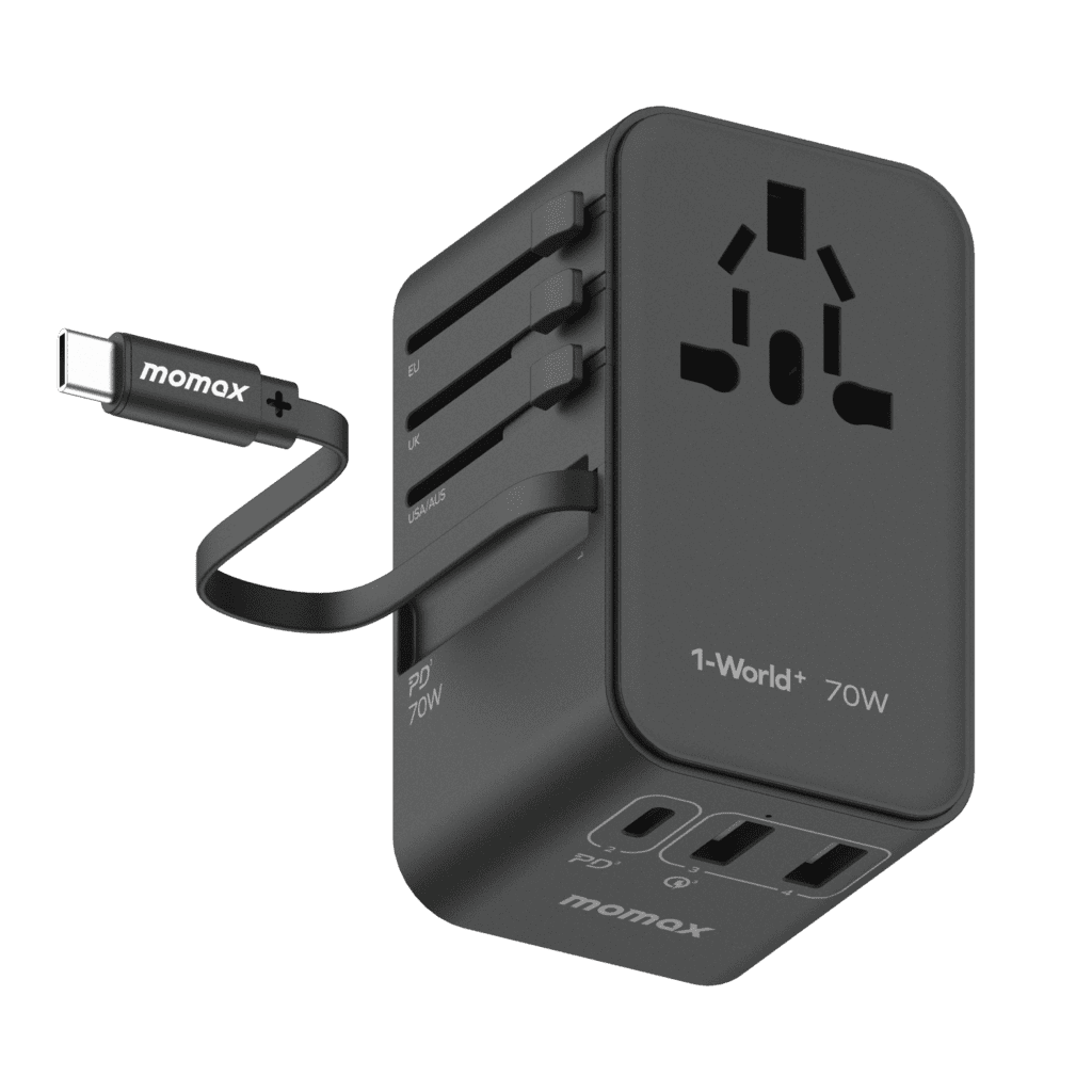 Black power adapter with multiple ports and a cable on a transparent background