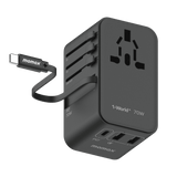 1-World 70w Gan 3 Port with Built-In USB-C Cable AC Travel Adaptor