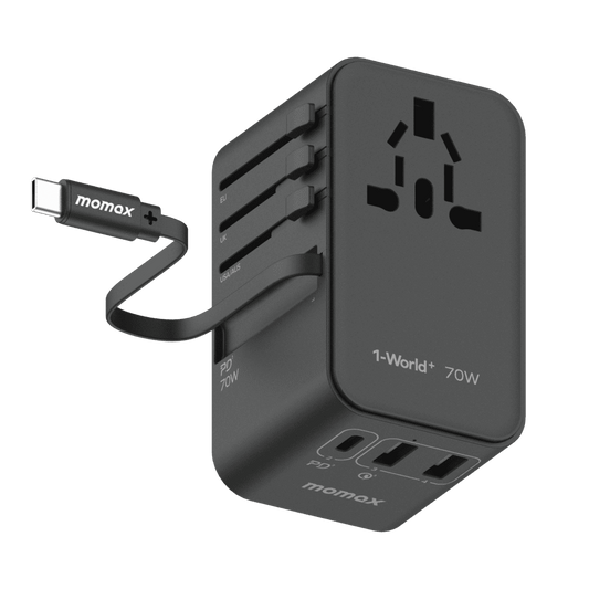 Black power adapter with multiple ports and a cable on a transparent background