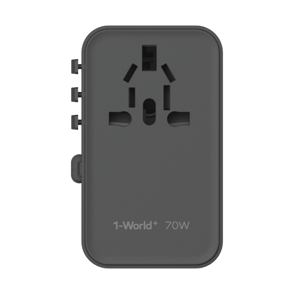 Black travel adapter with '1-World+' branding on a transparent background