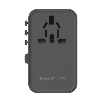 Black travel adapter with '1-World+' branding on a transparent background