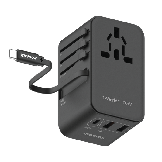 1-World 70w Gan 3 Port with Built-In USB-C Cable AC Travel Adaptor