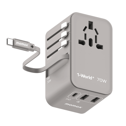 Gray travel adapter with multiple ports and a cable on a green background