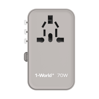 Gray travel adapter with '1-World+' branding on a green background