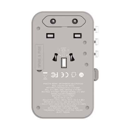 Back view of a power outlet with labels and symbols on a green background