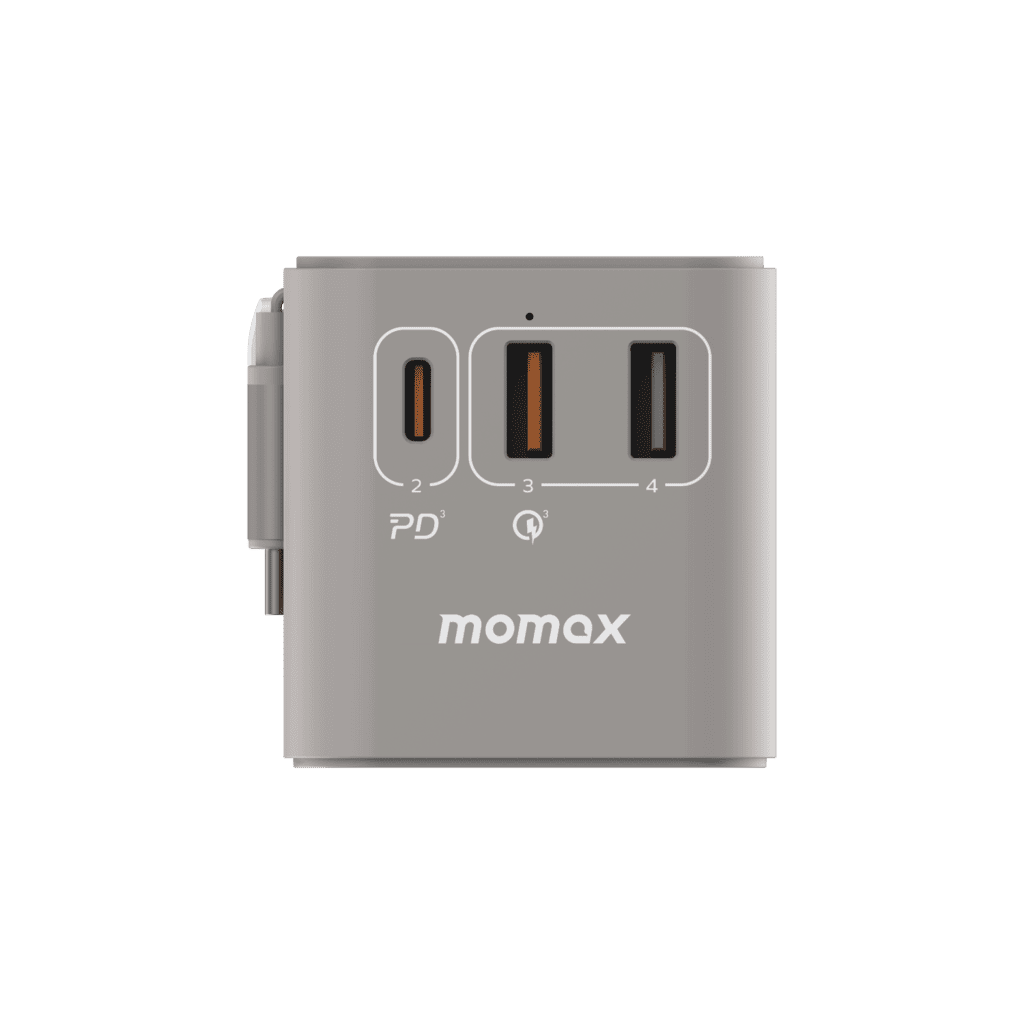 Gray power adapter with USB ports on a green background, featuring the Momax brand.