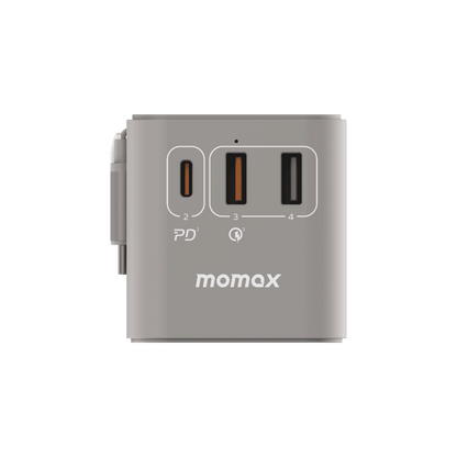 Gray power adapter with USB ports on a green background, featuring the Momax brand.