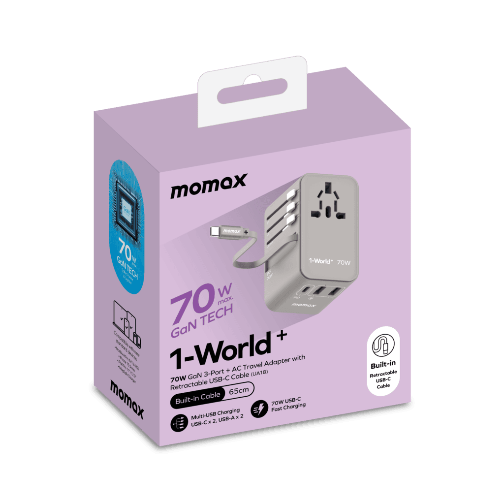 Momox 1-World+ travel adapter packaging on a black background