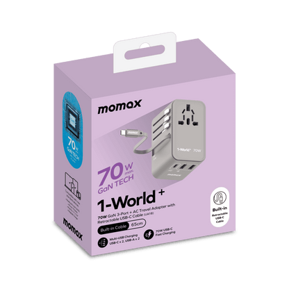Momox 1-World+ travel adapter packaging on a black background