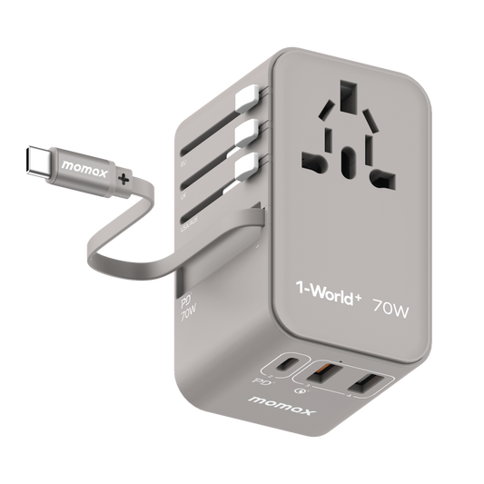 1-World 70w Gan 3 Port with Built-In USB-C Cable AC Travel Adaptor - Grey