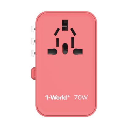 Pink travel adapter with '1-World+' branding on a green background