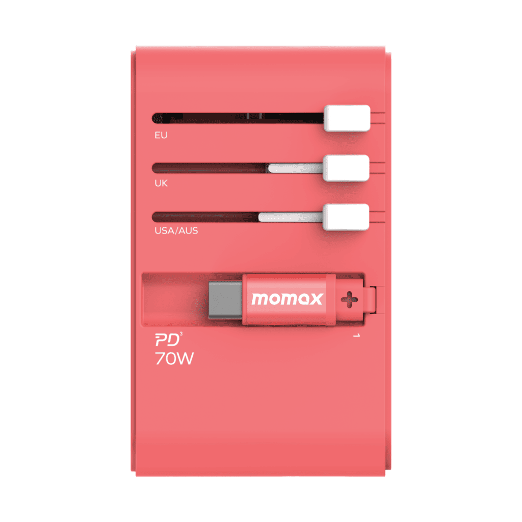 Pink power adapter with multiple plug types on a green background