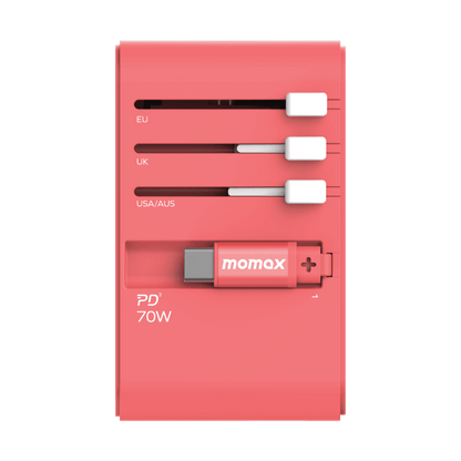 Pink power adapter with multiple plug types on a green background