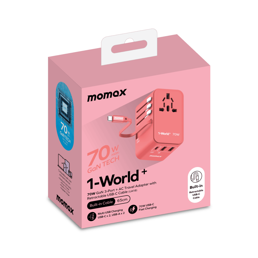 Pink packaging of a travel adapter with 'momox' branding on a black background