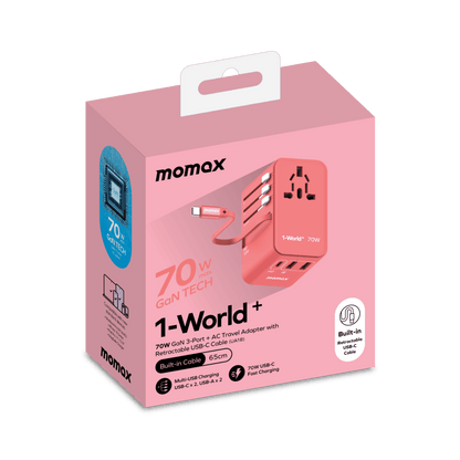 Pink packaging of a travel adapter with 'momox' branding on a black background