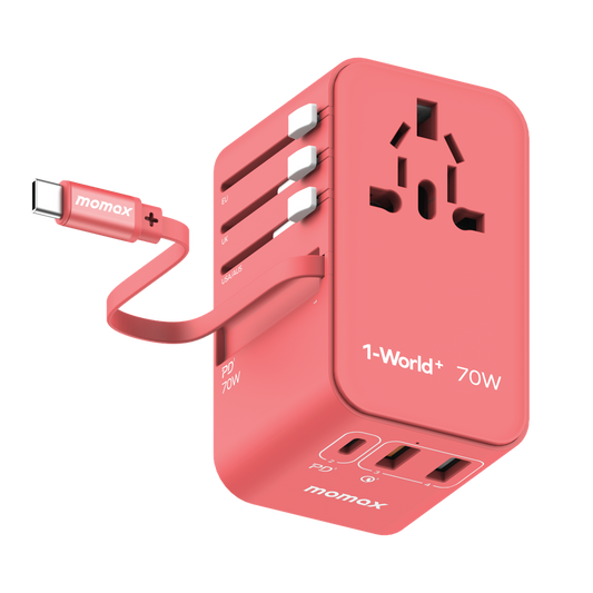 1-World 70w Gan 3 Port with Built-In USB-C Cable AC Travel Adaptor - Red