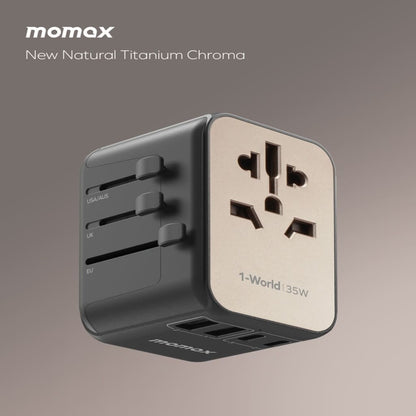 Momax world adapter with multiple sockets on a gradient background