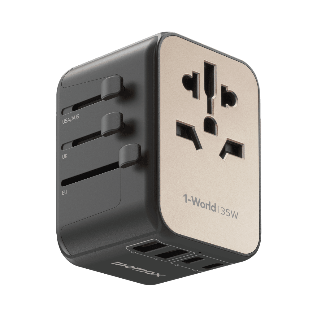 Travel adapter with multiple plug sockets on a transparent background