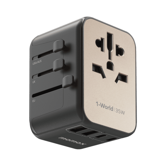 Travel adapter with multiple plug sockets on a transparent background