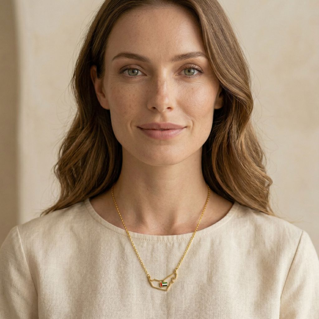 Woman wearing a gold necklace with a beige background