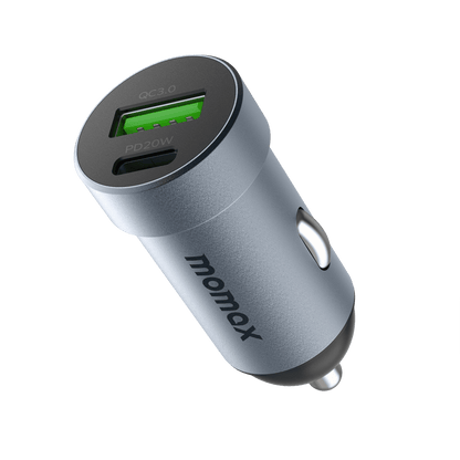 Gray car charger with USB port and display on a green background