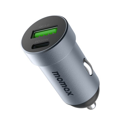 Gray car charger with USB port and display on a green background