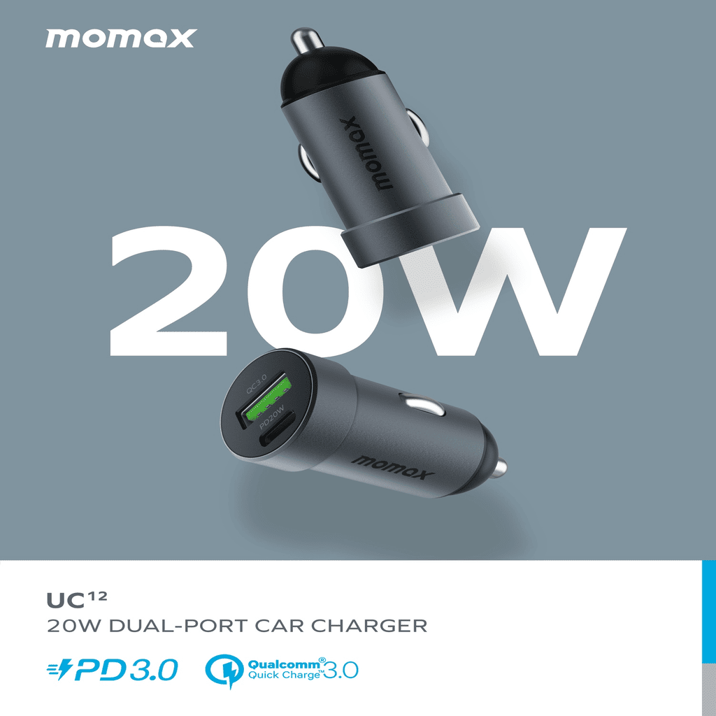 Momax 20W dual-port car charger on a gray background with 'momax' branding.