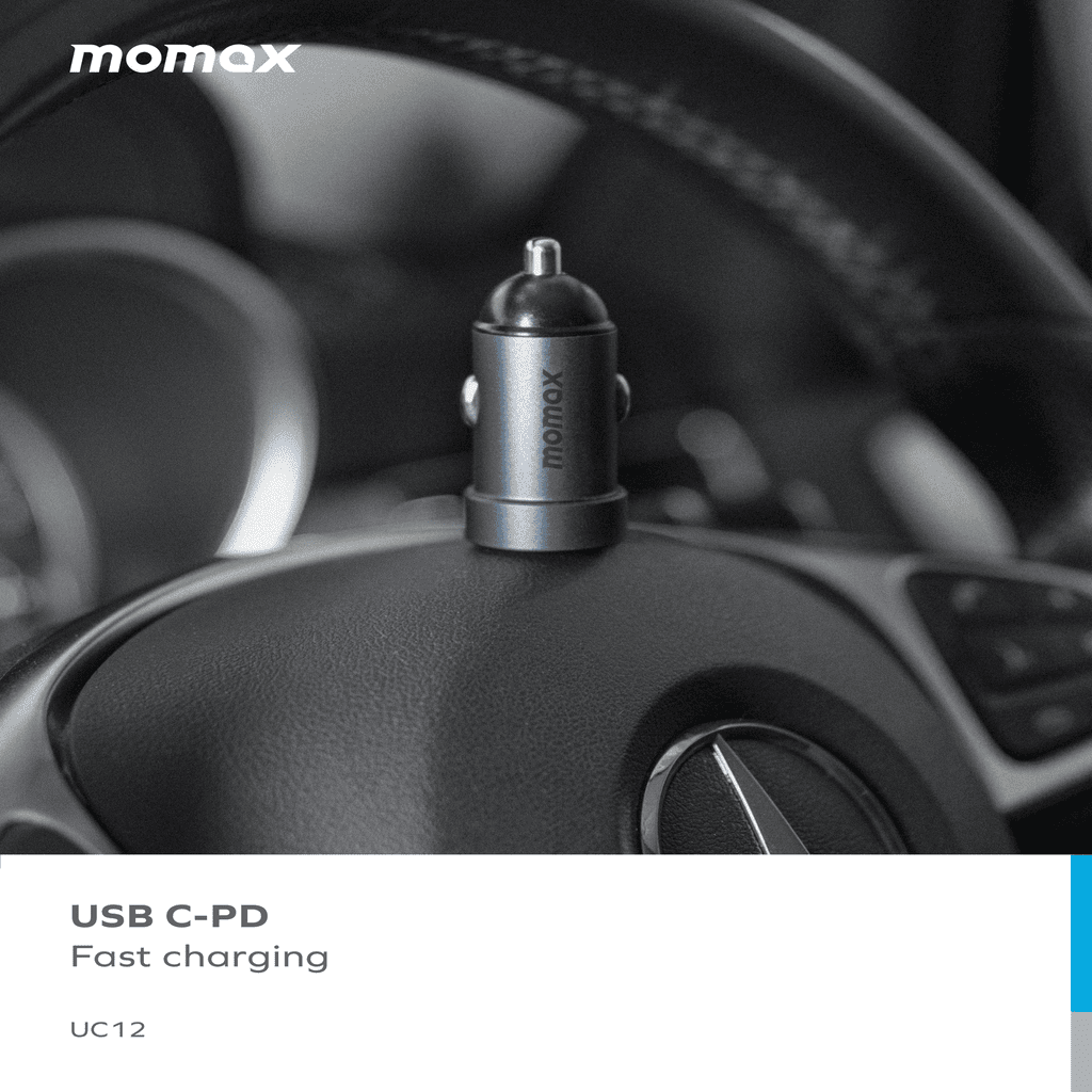 Momax USB C-PD car charger on a car dashboard with 'momax' branding.